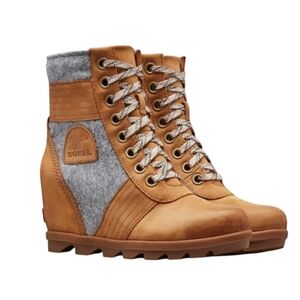 Sorel Lexie Wedge Leather Boots Tan and Gray Womens Size 6.5